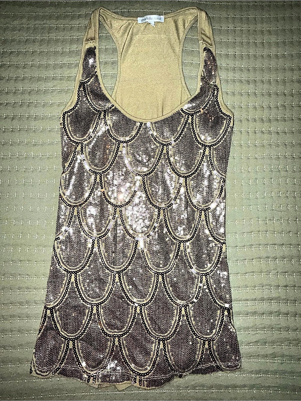 Charlotte Russe Sequin Scalloped Tank in Gold & Brown Size Small